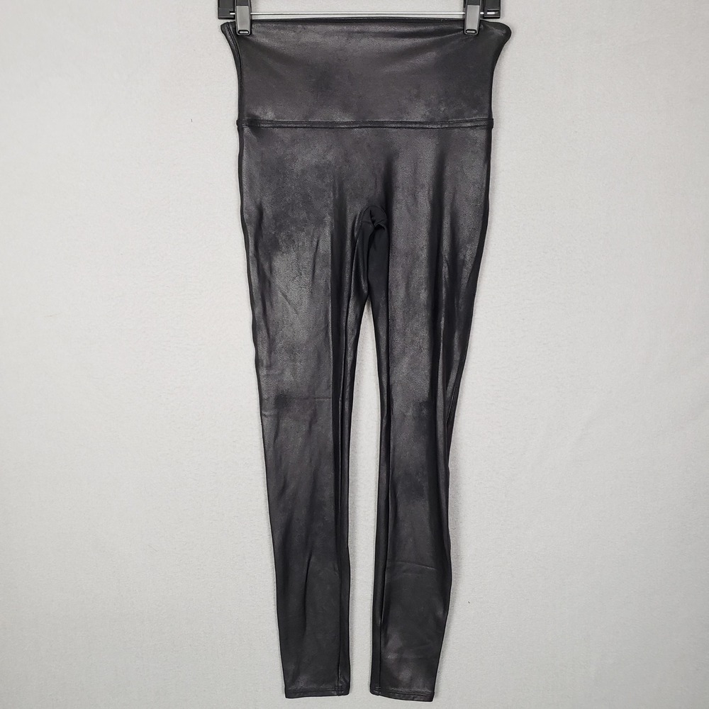 Spanx Shapewear Leggings Black Faux Leather Look Shimmer Shine Sleek Size L